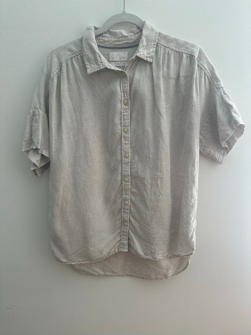 J.Crew Linen Button Up Shirt Top Women's Size 8 Beige Short Sleeve Relaxed Fit